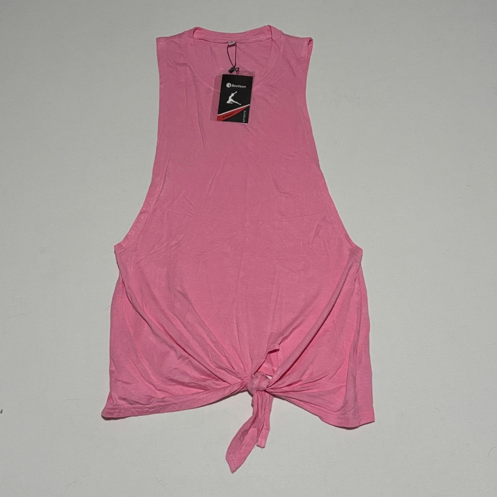 New Bestisun Muscle Tank Top Womens Small Pink Front Tie Workout Activewear Gym